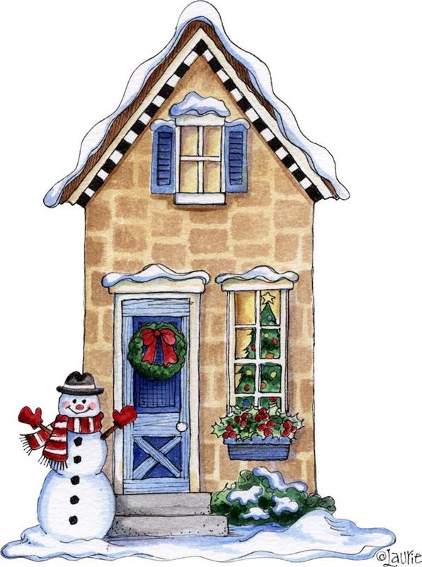 Önünde kardan adam olan yüksek ev, basit siyah beyaz noel çizimi, noel boyama resmi,