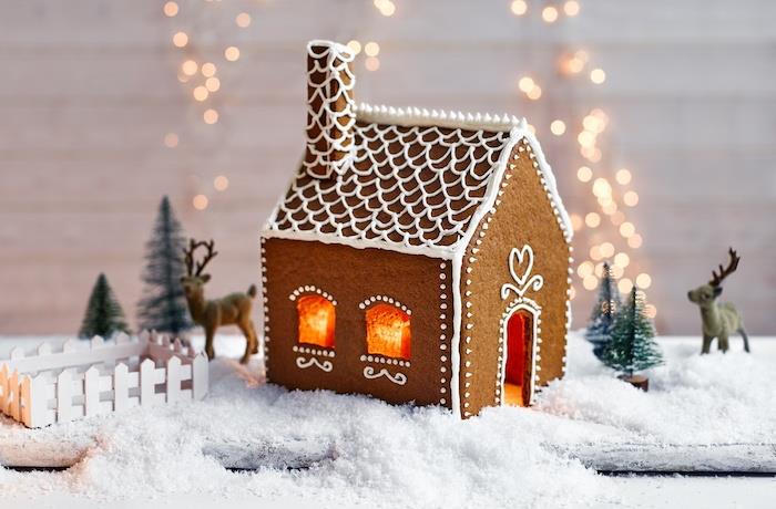 Yazdırılabilir şablon ile kolay zencefilli ev fikri, kraliyet buzlanma dekorasyonu, Noel sahneleme