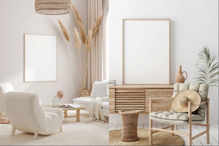 iskandinav japon tarzı ev beyaz kanepe ve koltuk ahşap mobilya japon dekoru yeşil ve deve dekoru vurgular