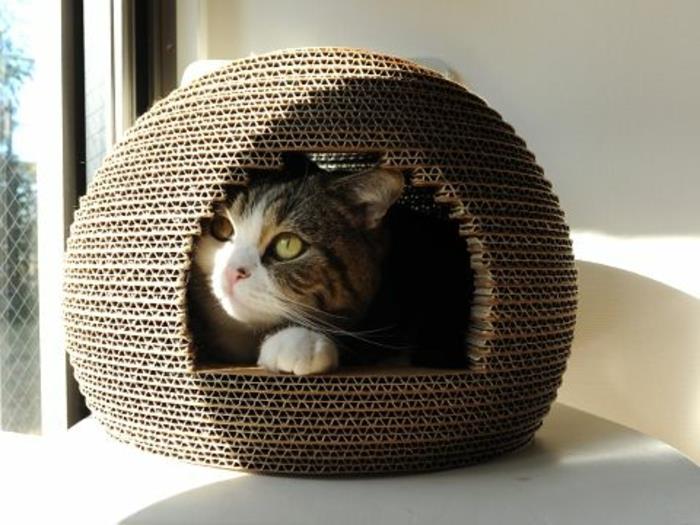 apvalus kačių namelis, sukurtas iš kelių dvigubų kartono sluoksnių