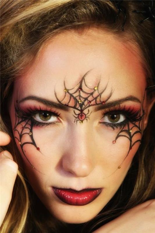 make up halloween makeup domača tehnika oblikovanje obraza umetne trepalnice risanje pajkove mreže črna črtalo za oči