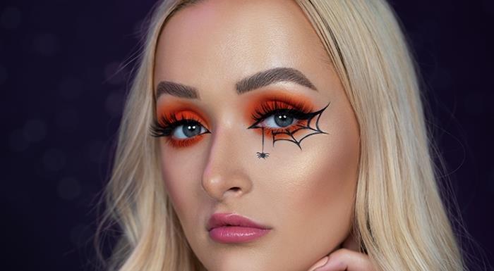 enostavna ličila zabava noč čarovnic ženska ličila senčilo za oči oranžna risba pajkova mreža črna podloga za oči