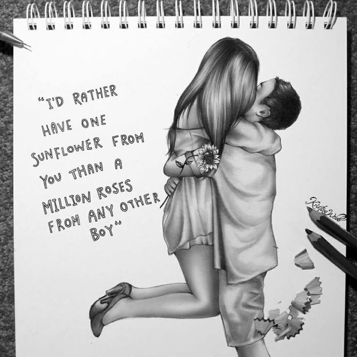 par se poljublja, črno -bela skica, srčkane risbe, moški dviguje žensko, navdihujoč citat