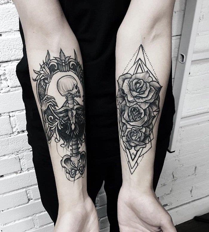 Tatuiruotė, skirta braccio con due disegni sull'avambraccio con scheletro e rose