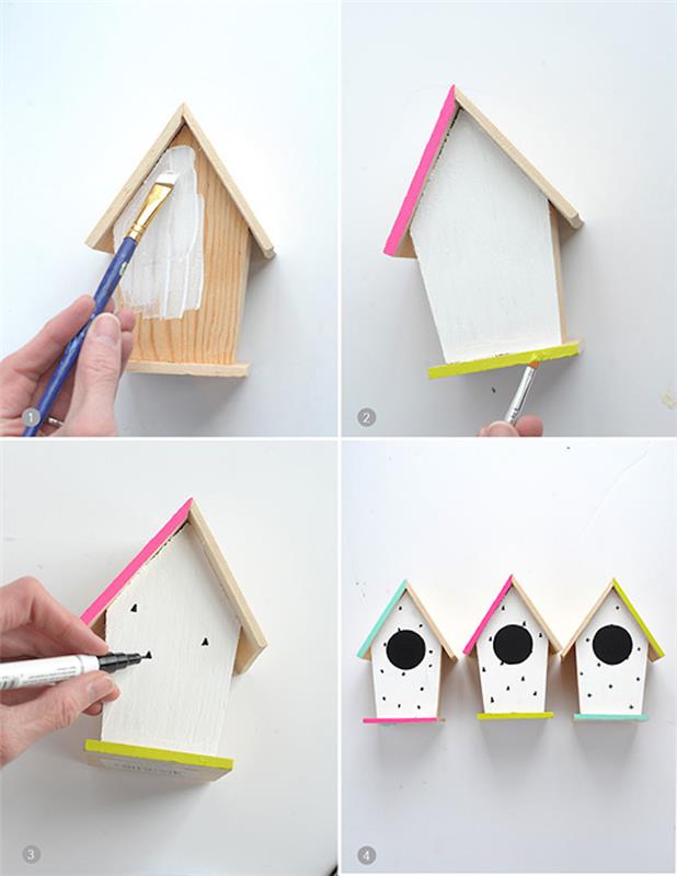 Kendinizi renklerle süslenmiş bir çatıya sahip beyaz ahşap bir ev şeklinde yapmak için bir kuş besleyici örneği, manuel aktivite