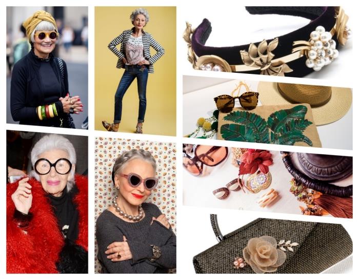 nakit in pripomočke, ki jih lahko ponudijo babici, babici idejo za darilo z modnim oblikovanjem, starejšo žensko z mladim duhom s frizuro v pletenici in elegantnimi sončnimi očali