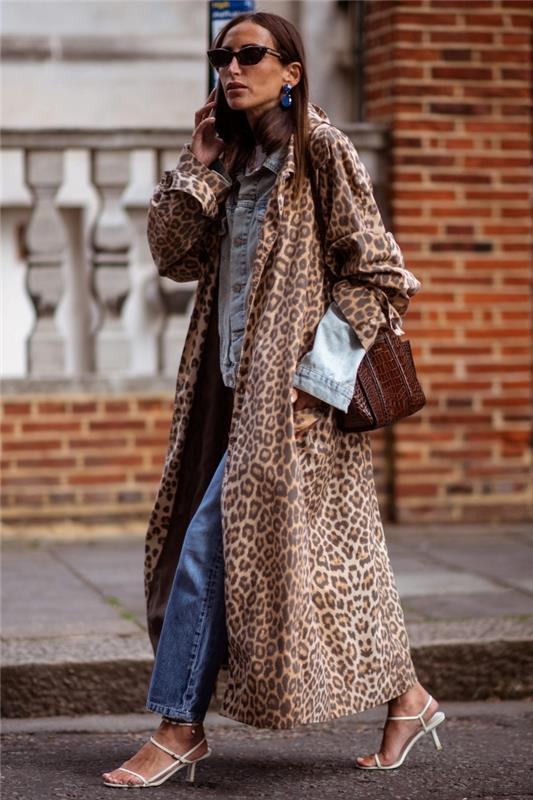 leopardo rašto ilgas paltas madingi atspaudai mados moterų retro džinsų džinsinio švarko aksesuarai