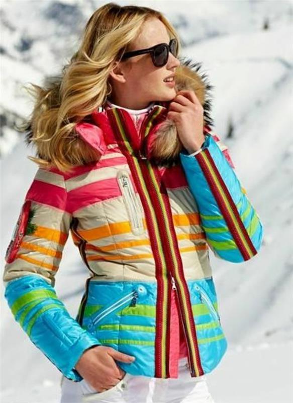 Sarı saçlı ve koyu renk gözlüklü modern kızlar için ucuz renkli kadın kayak montu