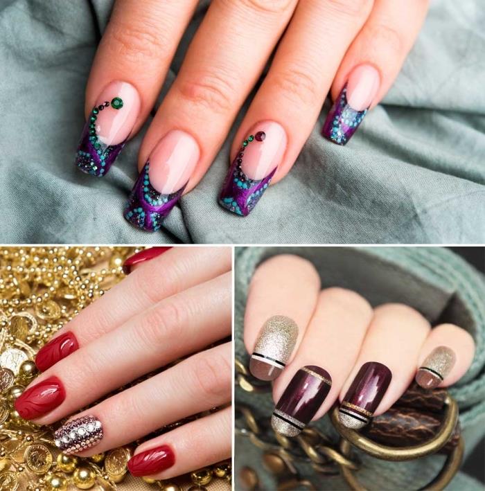 modeli nail art na dolgih gel nohtih, variacija francoske manikure v črni barvi z okrasjem v vijolični in zeleni barvi