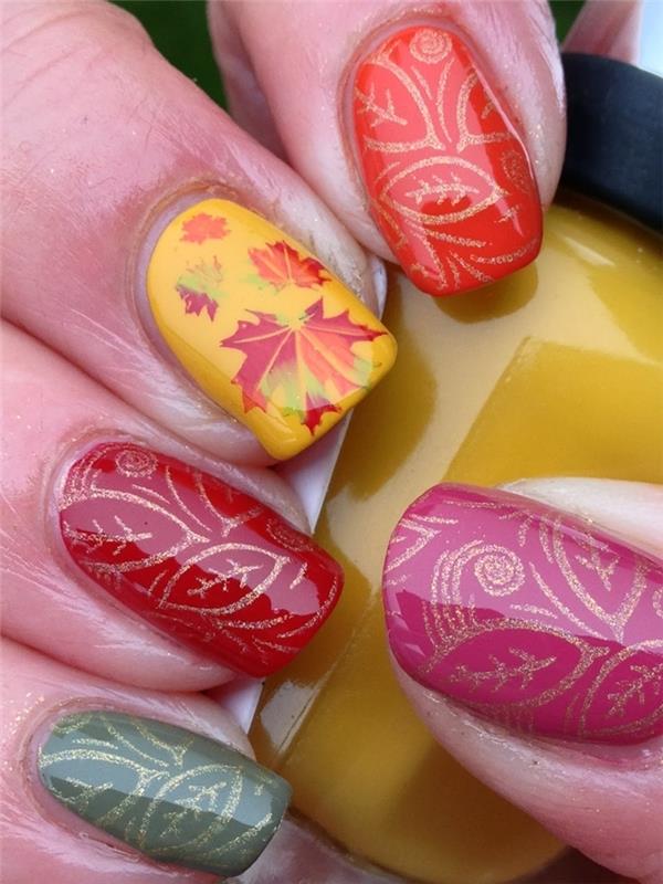 vzorci manikure pisani listi ideje nail art design zlati jesenski listi vijolični gel nohti različne nohte rumena barva