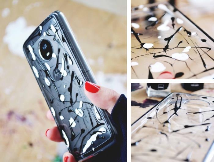 şık bir kılıf yapmak için şeffaf telefon kılıfınızı beyaz ve siyah oje ile nasıl süslersiniz