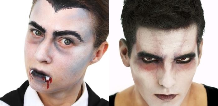 kaip apsirengti Helovino vyrui, vyro vampyro makiažo idėjai, baltam veidui juodomis lūpomis