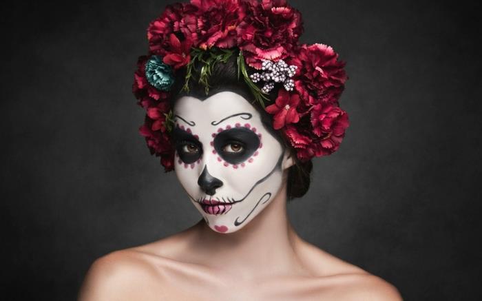 dia de muertos karnaval kostümü, büyük çiçek taç, boyalı yüz