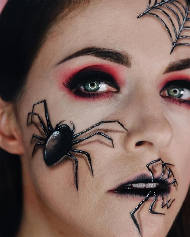 halloween makeup pajek dimljene oči tehnika črna in temno rdeča ombré senčila 3d risba pajka
