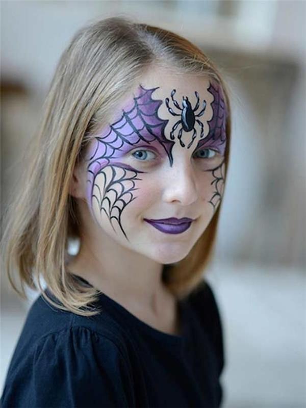 halloween makeup girl enostaven vzorec risba obraza pajkova mreža svinčnik za oči črna vijolična senčila za oči