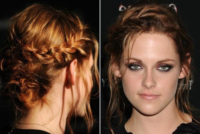 Šukuosena su pynė ir makiažo vestuvių svečias, Kristen Stewart, karūnos pynė