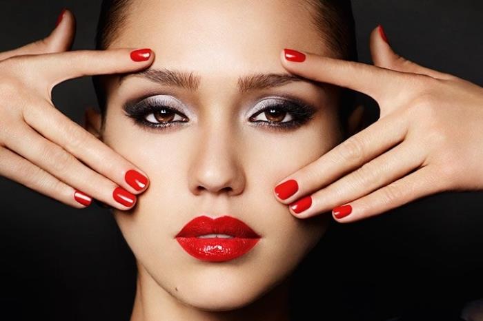 makyaj nasıl yapılır, Jessica Alba kırmızı dudaklı ve siyah kahverengi gözlü makyaj