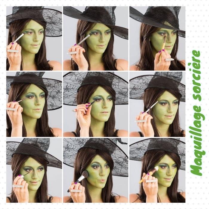 basit bir cadılar bayramı cadı makyajı nasıl yapılır, yeşil göz farı ve zümrüt şekillendirme ile yeşil renkte yeniden boyanmış yüz