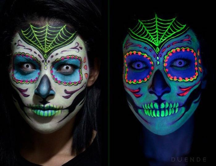 Kaukolės makiažas fluorescencinės spalvos skeletas moteris