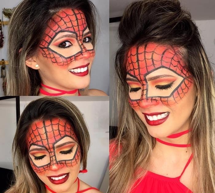 ideja za ličenje pajkove mreže preobleka ženska noč čarovnic rdeča šminka maska ​​za risanje rdeča pajkova mreža