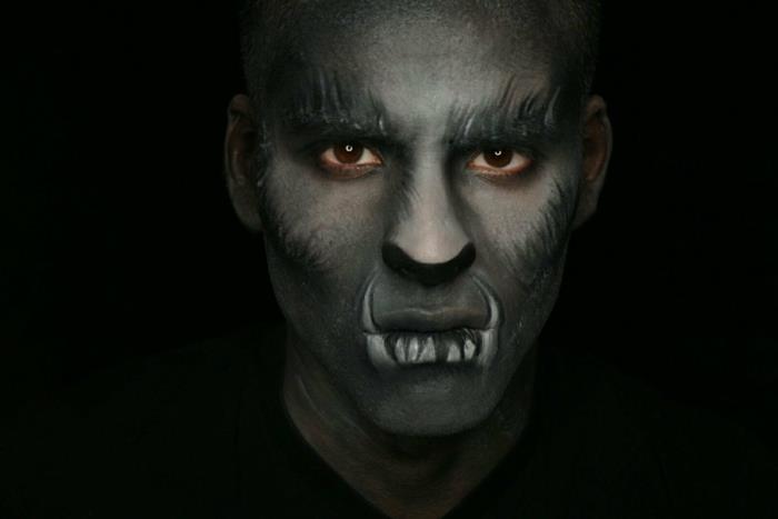 žmogaus vampyro makiažas, netikri vampyro dantys, pilkas veidas, veido plaukų eskizai