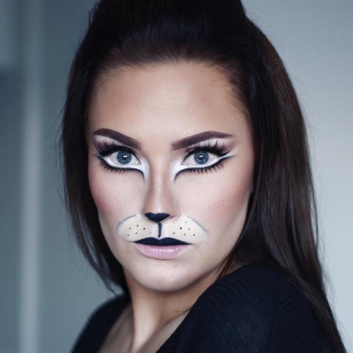 Helovino makiažo patarimai, kuriuos lengva padaryti patiems, makiažo su akių šešėliais ir katės nosimi pavyzdys