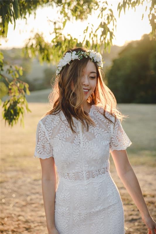 bohem şık yazlık gelinlik çiçekli dantel kısa kollu kısa düz beyaz elbise modeli