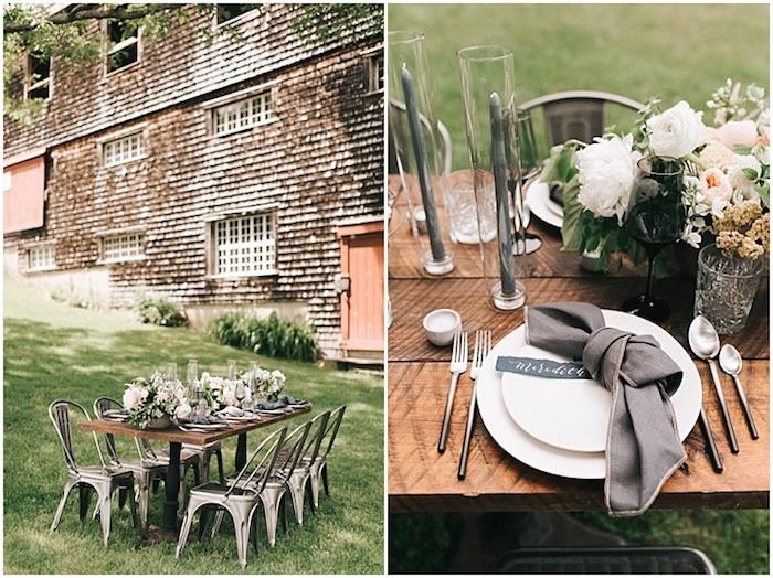 kaimiškas lauko vestuvių stalo dekoras, kaimiška mediena, metalinės kėdės, gėlių centras, pilka servetėlė