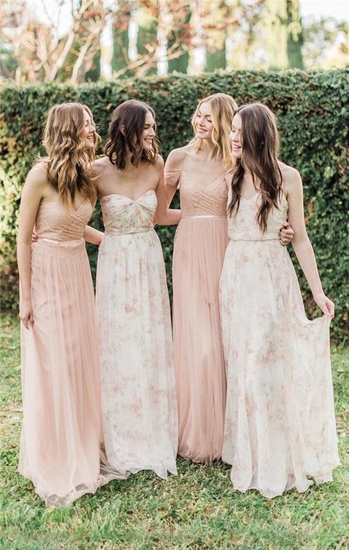 Prašmatni bohemiška vestuvinė suknelė 2019, stilinga vestuvių aprangos idėja, ilga šviesiai rožinė vestuvinė suknelė