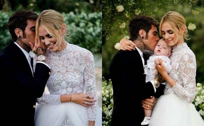 düğün töreni Chiara Ferragni ve Fedez, blogger Chiara Ferragni imzalı uzun kollu ve beyaz tül etekli gelinlik