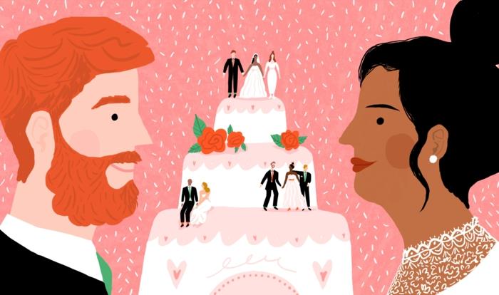 Piešimo vedusios poros vestuvių vaizdas iliustravo piešimo paskatinamąjį tortą