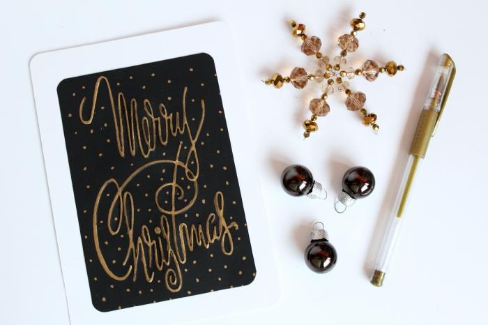 siyah beyaz ve altın renkli şık Noel tebrik kartı şablonu, beyaz kenarlıklı siyah kağıttan örnek DIY kartı ve altın işaretli tatlı kelimeler