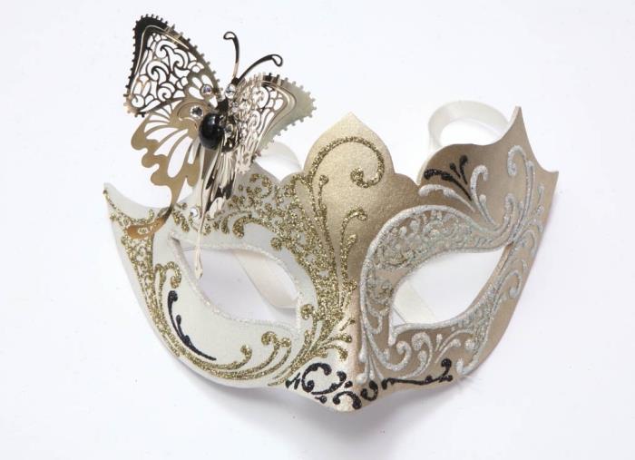 venedik karnaval maskesi, altın süslemeli ve metalik kelebekli beyaz plastik maske şablonu