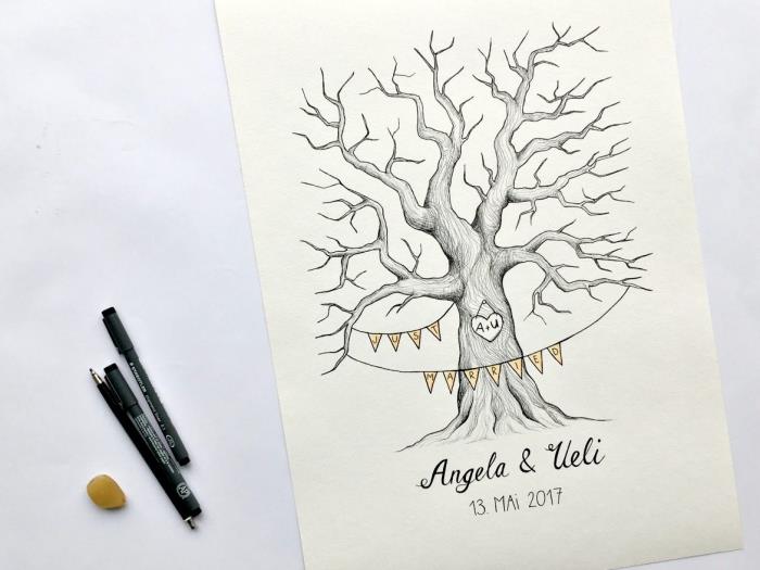 naučite se risati enostavno drevo brez listja z napisom na deblu in okrasnim vencem iz barvnega papirja