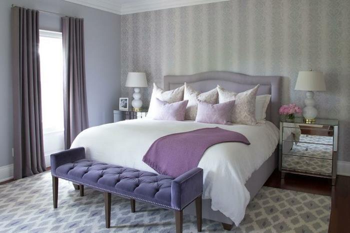 Güzel pembe ve gri yatak odası dekoru erik rengi erik mor yatak odası gümüş komodin aynası