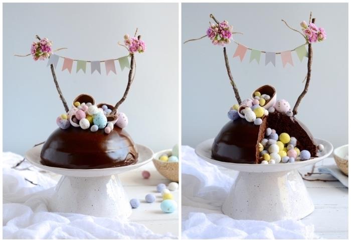 enostaven in gurmanski čokoladni velikonočni kolač, čokoladna kupola, ki v svojem srcu skriva velikonočna jajca, okrašena z naravnim torto iz lesenih vejic in cvetja