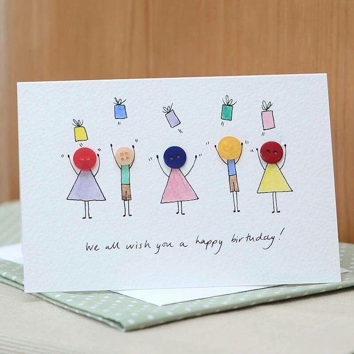 Kartica z gumbi in risbo za srečen rojstni dan, lepa oblikovalska voščilnica za rojstni dan, veselo risanje otrok