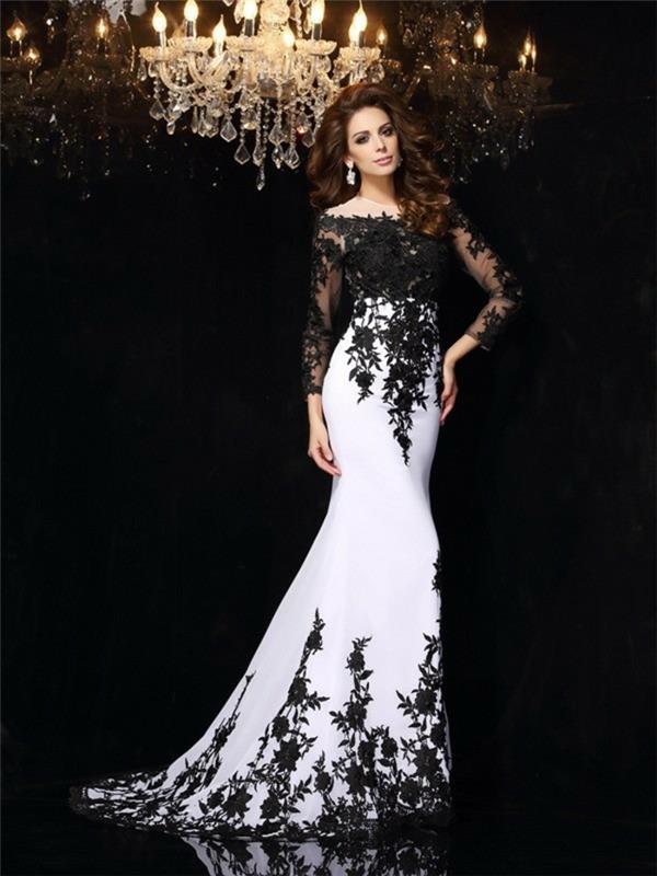 Lepa večerna obleka, kako se obleči za elegantno večerno črno -belo čipkasto obleko z dolgimi rokavi