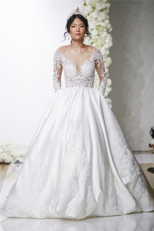 Romantiška vestuvinė suknelė, puošni paprasta ir elegantiška nuotakos suknelė, boutique vera wang nėrinių suknelė