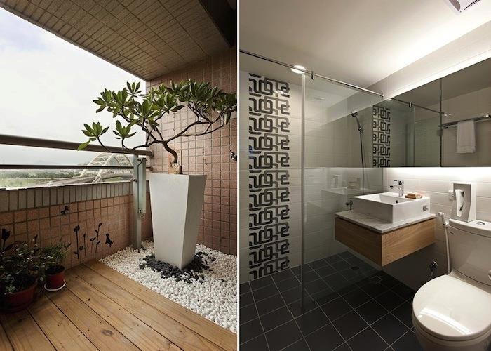 Zen kopalniška dekoracija, najlepše kopalnice na svetu, velik balkon z zelenim drevescem