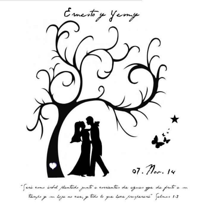 primer poročnega drevesnega odtisa z navdihujočim citatom in datumom poroke nad oblikovalsko risbo mladoporočenca