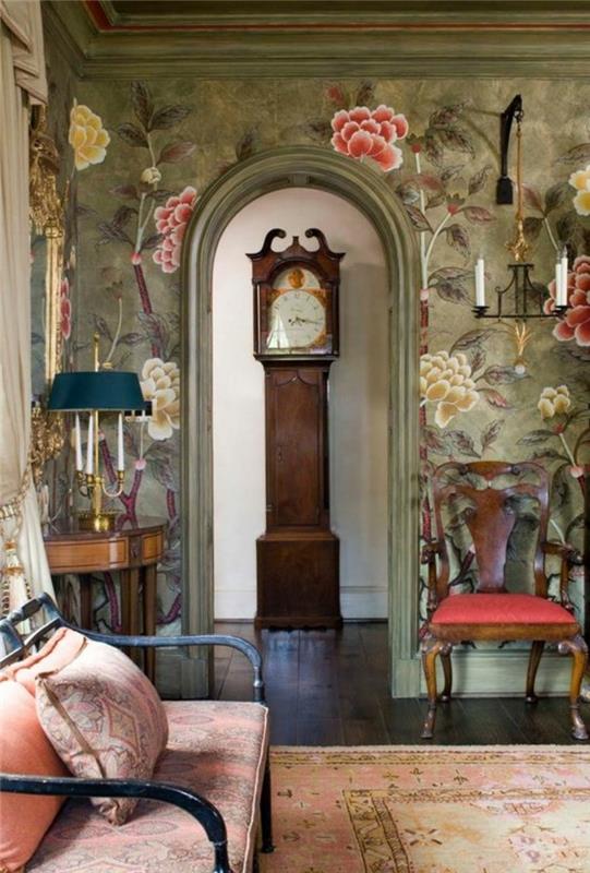 dhalias çiçekli saten kumaş duvarlı barok yüksek saat dolabı
