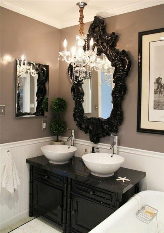 Banyo için Barok tarzı dolap iki beyaz lavabo siyah çerçeveli yuvarlak şekil ayna