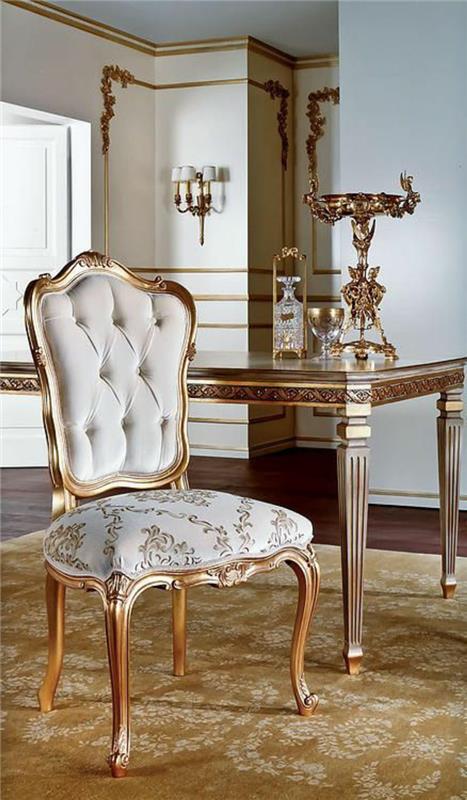büyük bir dikdörtgen masa ile kolçaksız beyaz barok mobilya sandalye