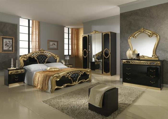 barok dolap, altın çerçeveli ayna, siyah şifonyer, siyah ve altın yatak