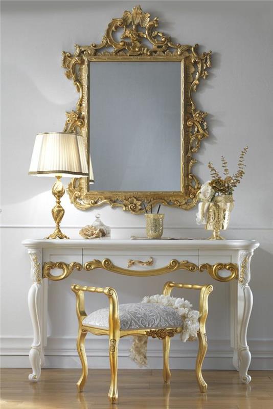 baroc spinta su išmatomis su auksiniais porankiais ir tualetinis staliukas baltais ir auksiniais ornamentais