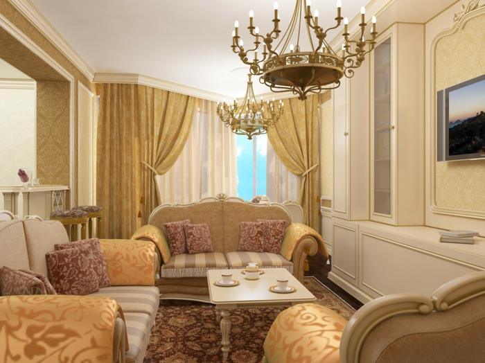 baročna zavesa, blazine s cvetličnimi motivi, baročna dnevna soba, očarljivo pohištvo, lestenec za sveče