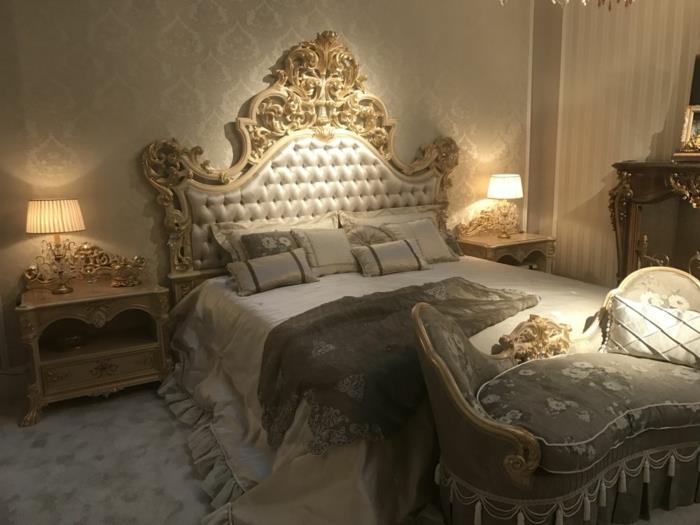 ucuz barok mobilyalar, krem ​​ve altın yatak başlığı, gri halı, altın mobilya kaplamaları