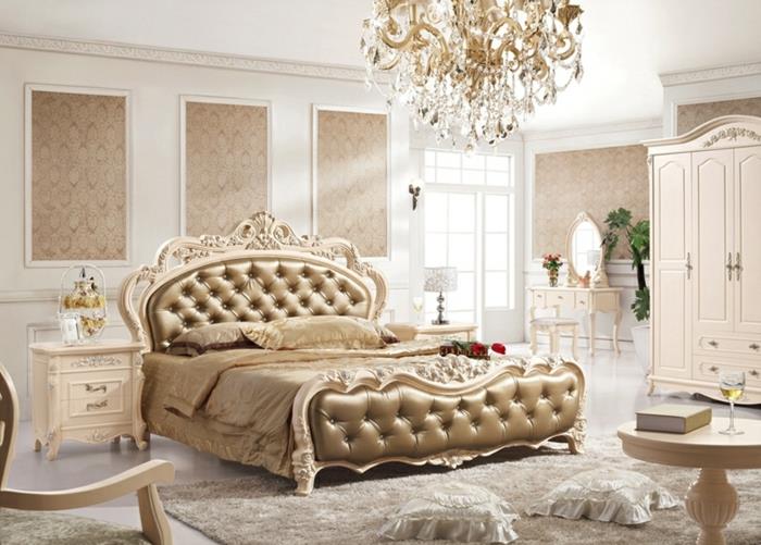 ucuz barok mobilya, fantastik yatak odası yatağı, barok avize, boz kahverengi halı, viktorya dönemi gardırop