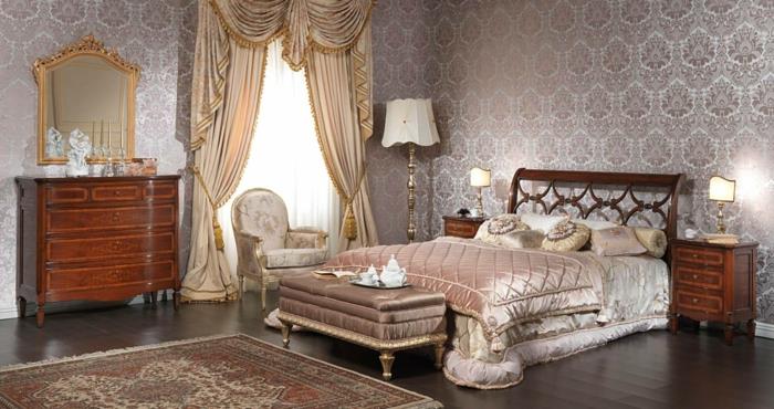 ucuz barok mobilyalar, pudra pembesi perdeler, kül pembesi yatak örtüsü
